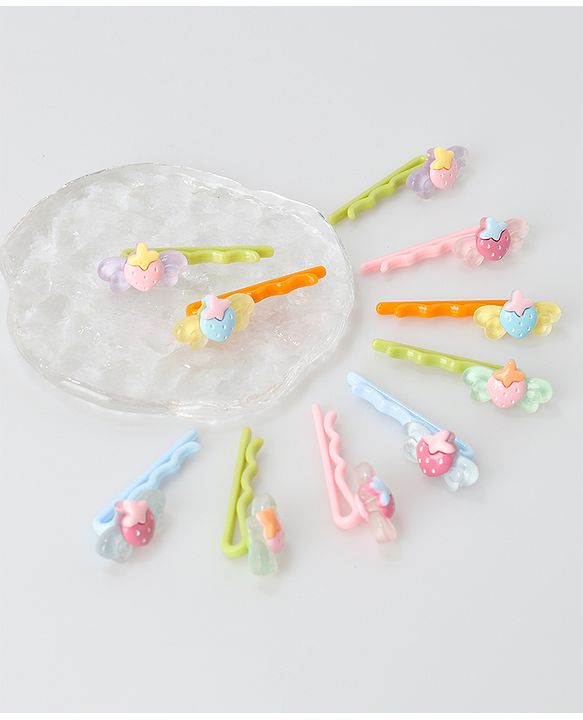 Babyhug Hair Pins And Clips Strawberry Applique Pack of 10 - Multicolour
