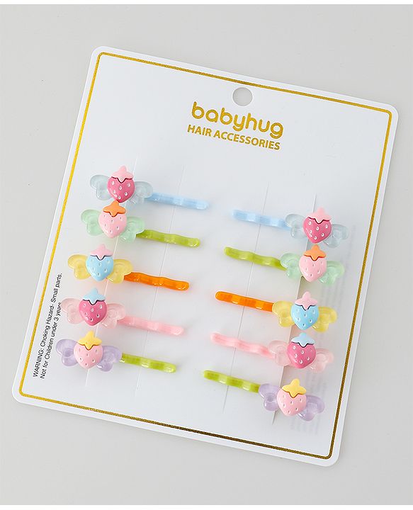 Babyhug Hair Pins And Clips Strawberry Applique Pack of 10 - Multicolour