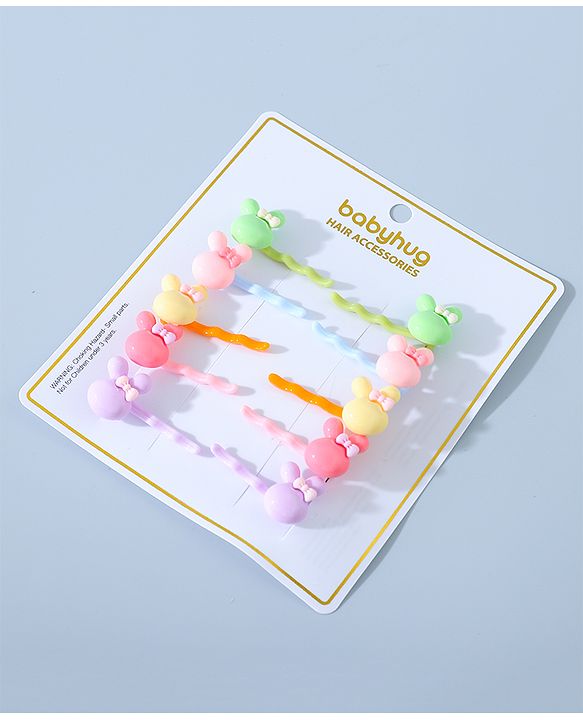 Babyhug Hair Pins And Clips Bunny Applique Pack of 10 - Multicolour