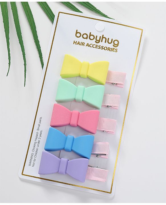 Babyhug Hair Pins And Clips with Bow Applique Free Size Pack of 5 - Multicolour