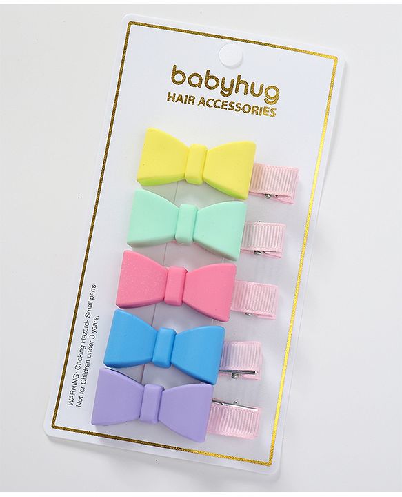 Babyhug Hair Pins And Clips with Bow Applique Free Size Pack of 5 - Multicolour