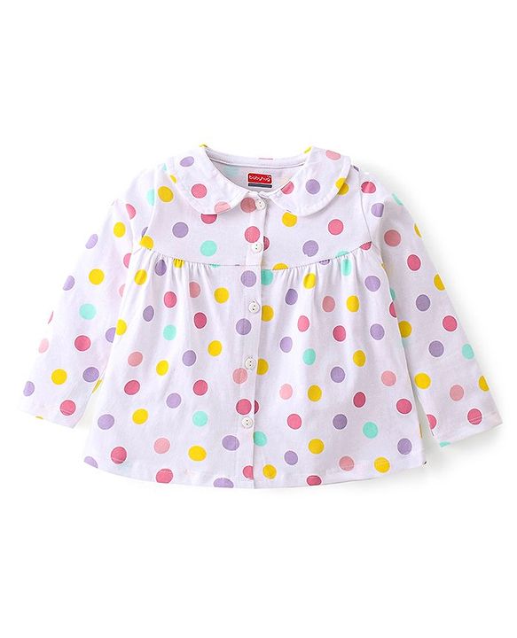 Babyhug Single Jersey Knit Full Sleeves Front Open Pyjama Set Polka Dots Printed - White