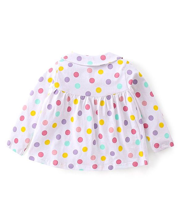 Babyhug Single Jersey Knit Full Sleeves Front Open Pyjama Set Polka Dots Printed - White