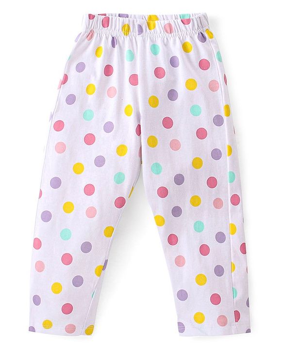 Babyhug Single Jersey Knit Full Sleeves Front Open Pyjama Set Polka Dots Printed - White