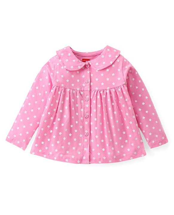 Babyhug Cotton Knit Full Sleeves Night Suit With Star Print - Pink & White