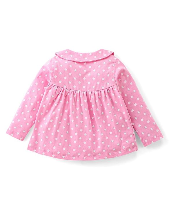Babyhug Cotton Knit Full Sleeves Night Suit With Star Print - Pink & White