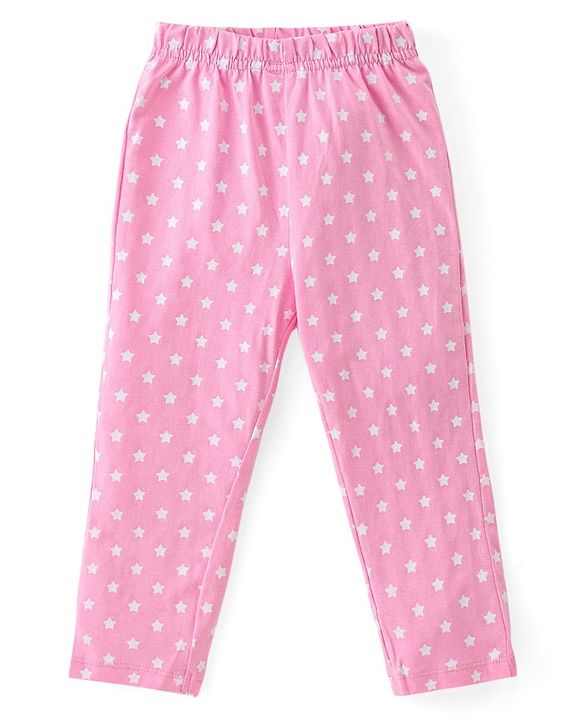 Babyhug Cotton Knit Full Sleeves Night Suit With Star Print - Pink & White