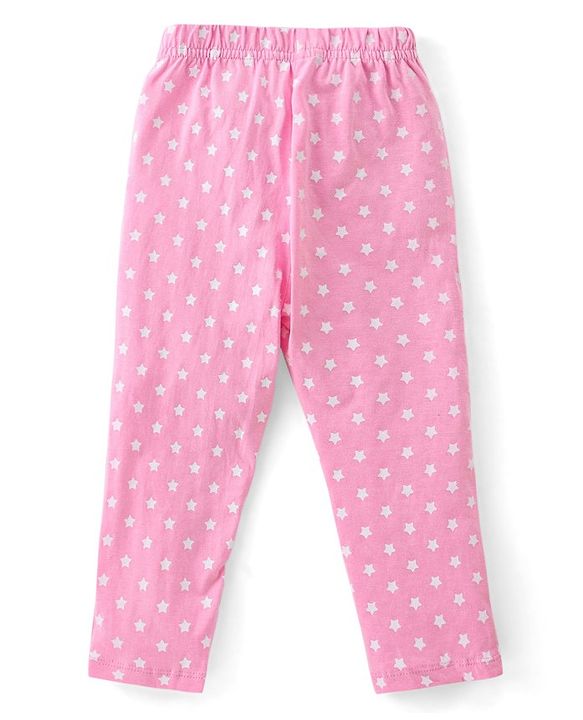 Babyhug Cotton Knit Full Sleeves Night Suit With Star Print - Pink & White