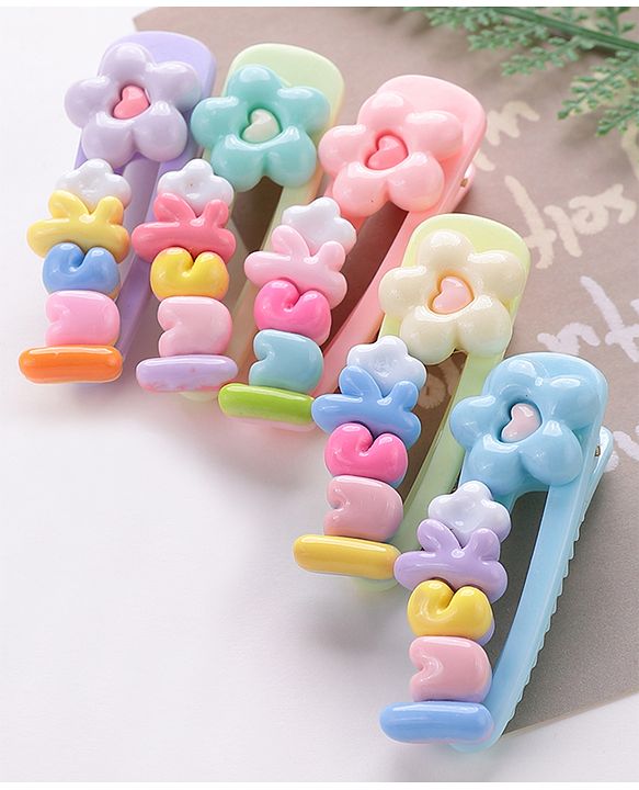 Babyhug Hair Pins And Clips with Flower Applique Pack of 5 - Multicolour