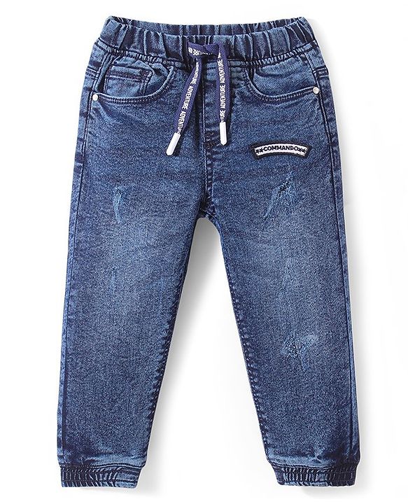 Babyhug Full Length Text Patch Stretchable Joggers - Dark Blue