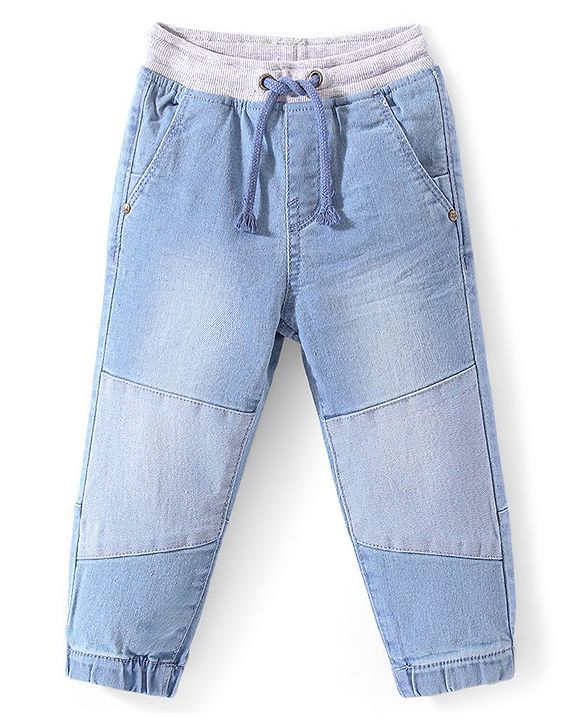Babyhug Denim Full Length Cut & Sew Washed Stretchable Joggers - Blue