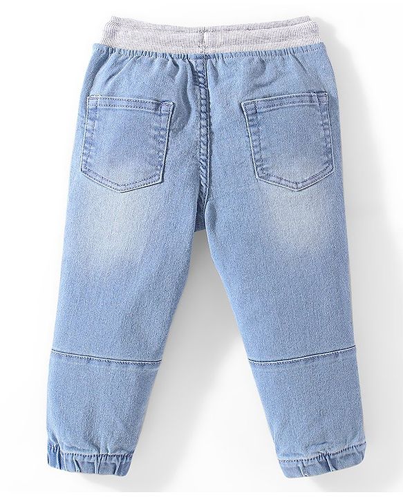 Babyhug Denim Full Length Cut & Sew Washed Stretchable Joggers - Blue