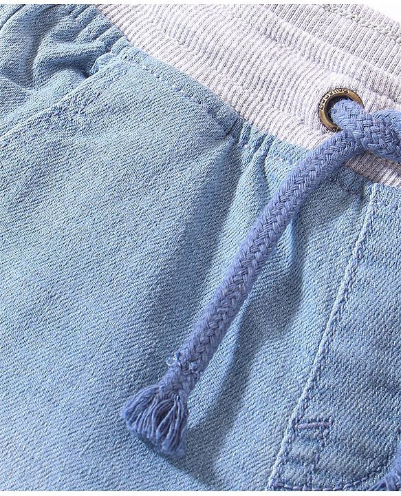 Babyhug Denim Full Length Cut & Sew Washed Stretchable Joggers - Blue