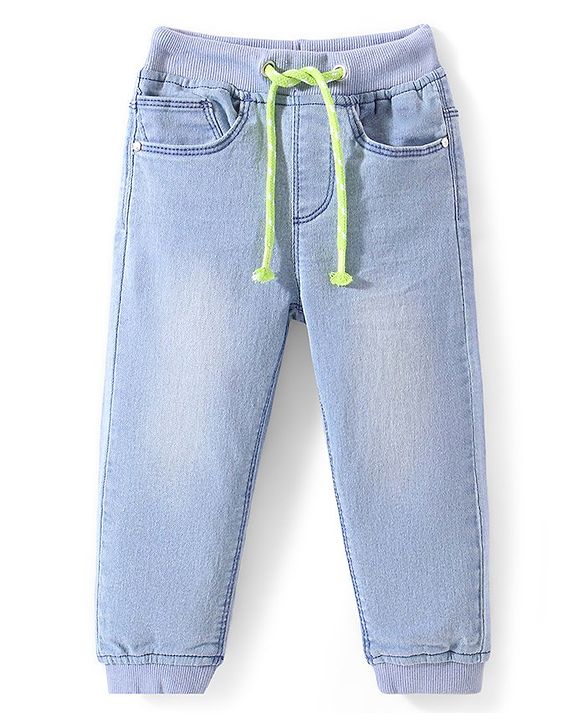 Babyhug Denim Full Length Washed Stretchable Joggers - Light Blue
