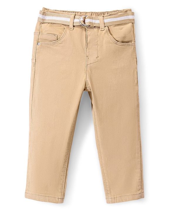Babyhug Denim Washed Full Length  Jeans With Stretch Solid Colour - Beige