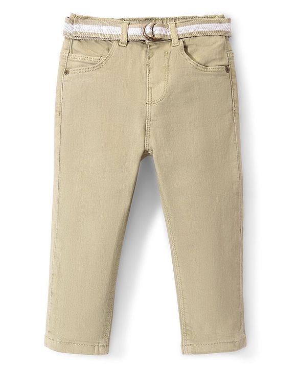 Babyhug Denim Washed Full Length Jeans With Stretch Solid Colour - Light Olive