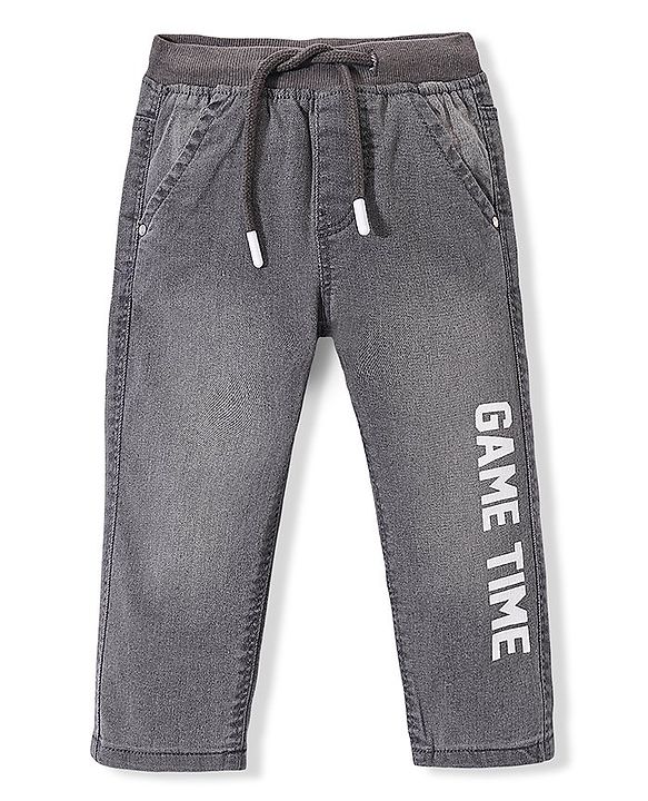 Babyhug Denim Washed Full Length Jeans With Stretch Text Print -Grey
