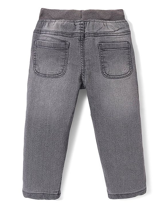 Babyhug Denim Washed Full Length Jeans With Stretch Text Print -Grey
