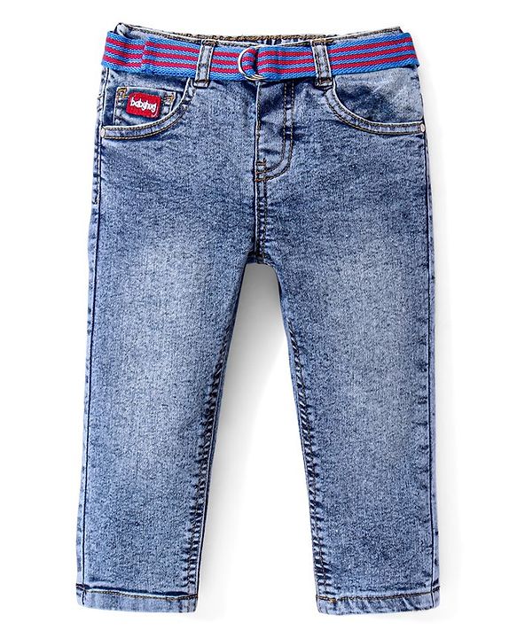 Babyhug Denim Washed Full Length Jeans With Stretch Solid Colour - Blue