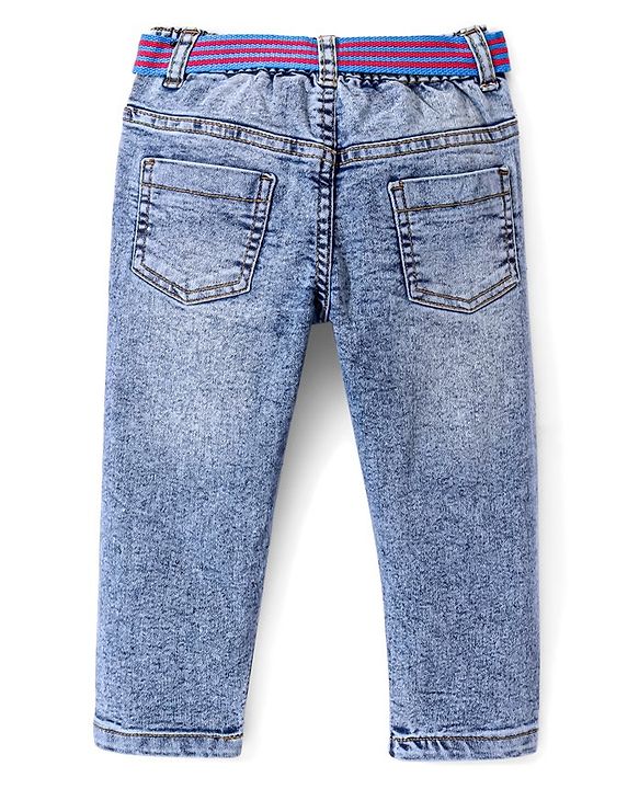 Babyhug Denim Washed Full Length Jeans With Stretch Solid Colour - Blue