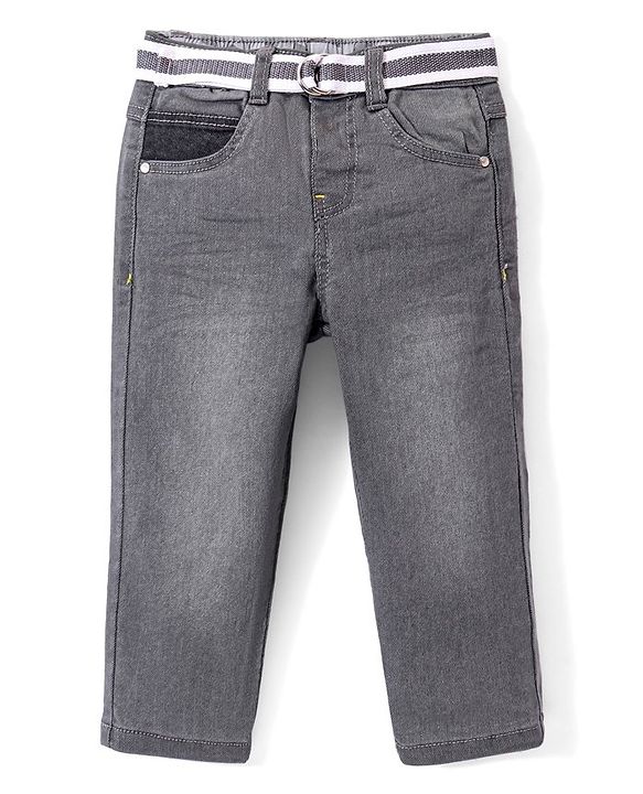 Babyhug Denim Washed Full Length Jeans With Stretch Solid Colour - Grey