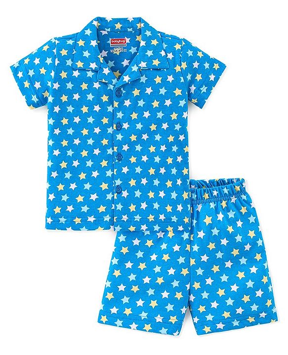 Babyhug Cotton Knit Half Sleeves Night Suit With Star Print - Blue