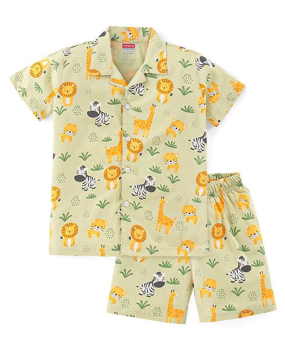 Babyhug Single Jersey Knit Half Sleeves Night Suit With Wild Animal Print - Green