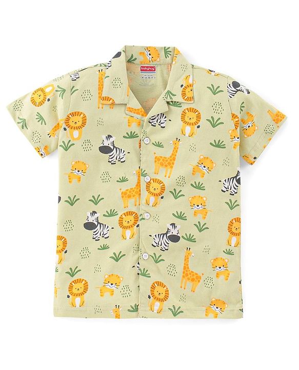 Babyhug Single Jersey Knit Half Sleeves Night Suit With Wild Animal Print - Green