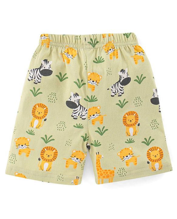 Babyhug Single Jersey Knit Half Sleeves Night Suit With Wild Animal Print - Green