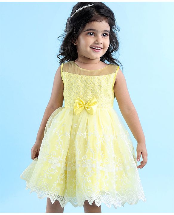 Babyhug Sleeveless Party Wear Embroidered Frock with Bow Applique - Yellow