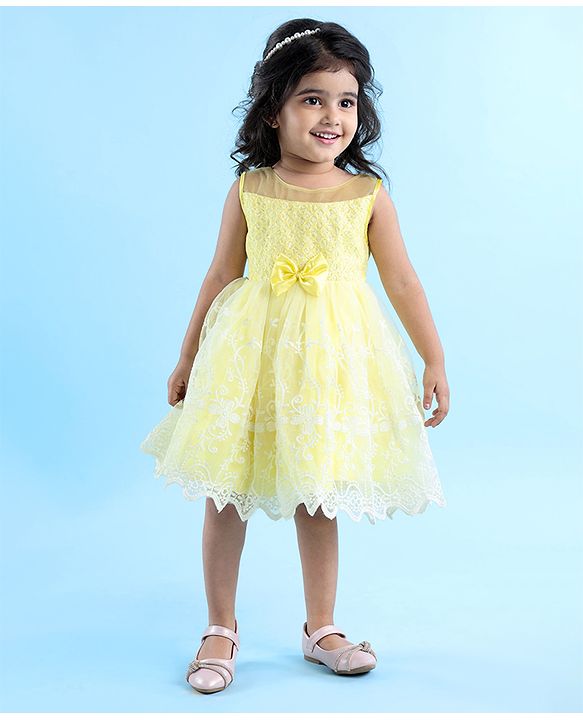 Babyhug Sleeveless Party Wear Embroidered Frock with Bow Applique - Yellow