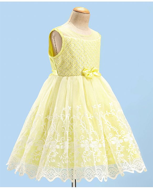 Babyhug Sleeveless Party Wear Embroidered Frock with Bow Applique - Yellow