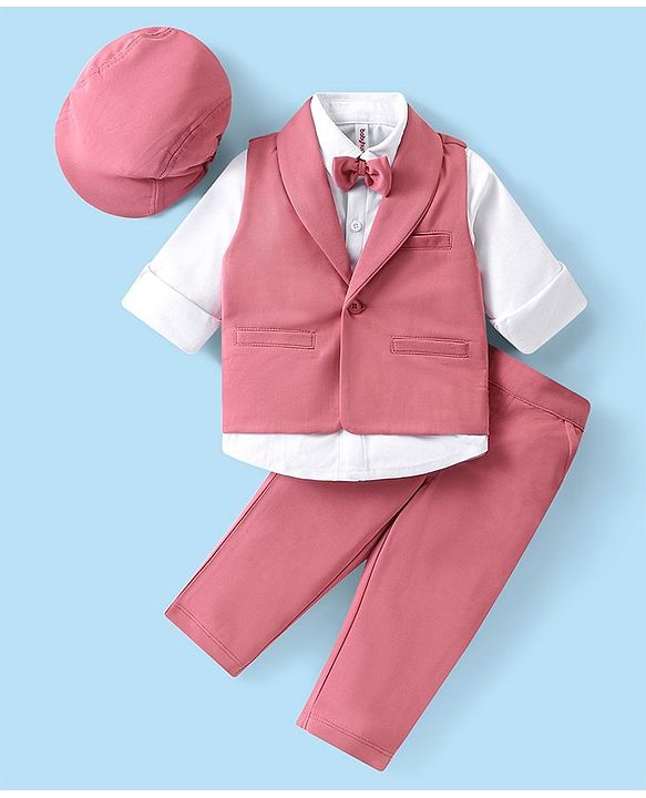Babyhug Knit Full Sleeves Solid Color Party Suit with Stretch Waistcoat & Cap - White & Pink