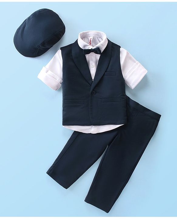 Babyhug Knit Full Sleeves Solid Color Party Suit with Stretch Waistcoat & Cap - Navy Blue & White