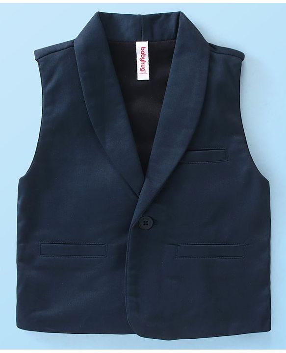 Babyhug Knit Full Sleeves Solid Color Party Suit with Stretch Waistcoat & Cap - Navy Blue & White