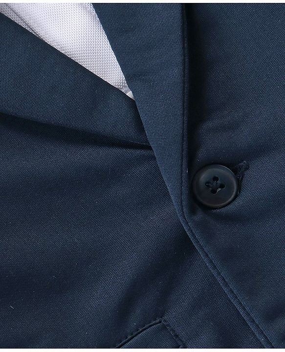 Babyhug Knit Full Sleeves Solid Color Party Suit with Stretch Waistcoat & Cap - Navy Blue & White