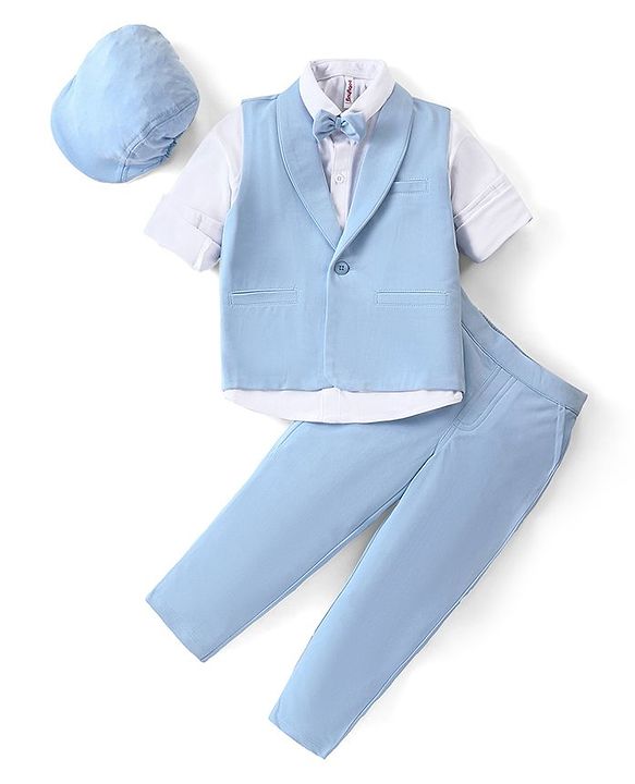Babyhug Knit Full Sleeves Solid Color Party Suit with Stretch Waistcoat & Cap - White & Sky Blue