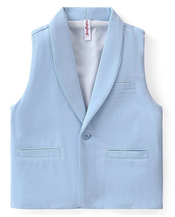 Babyhug Knit Full Sleeves Solid Color Party Suit with Stretch Waistcoat & Cap - White & Sky Blue