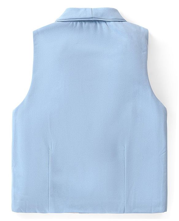 Babyhug Knit Full Sleeves Solid Color Party Suit with Stretch Waistcoat & Cap - White & Sky Blue