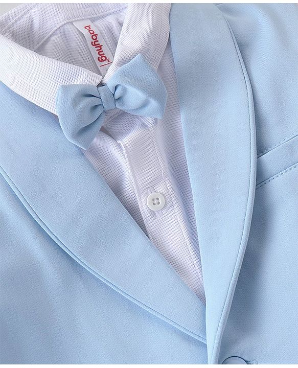 Babyhug Knit Full Sleeves Solid Color Party Suit with Stretch Waistcoat & Cap - White & Sky Blue