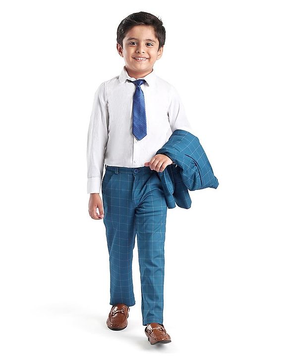 Babyhug Full Sleeves Stretch Party Suit Checkered - White & Royal Blue