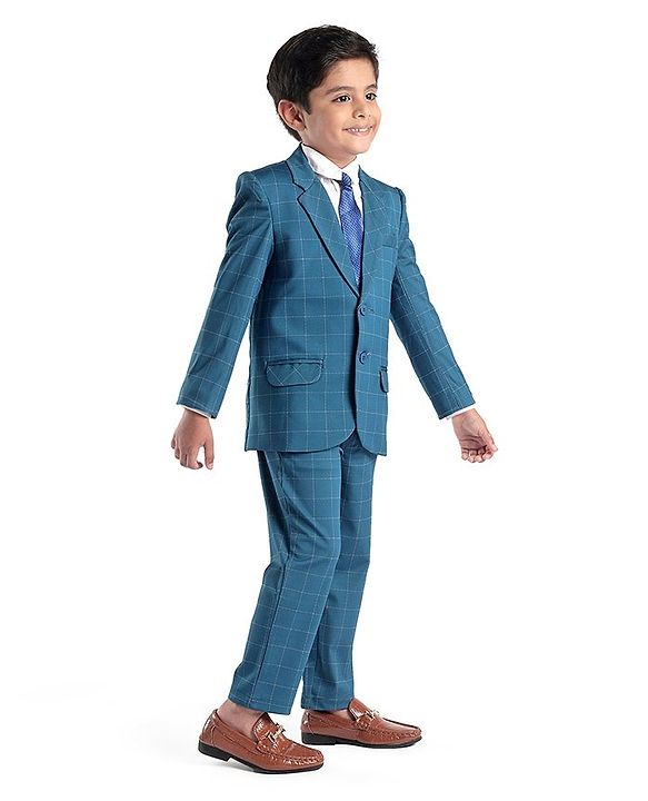 Babyhug Full Sleeves Stretch Party Suit Checkered - White & Royal Blue