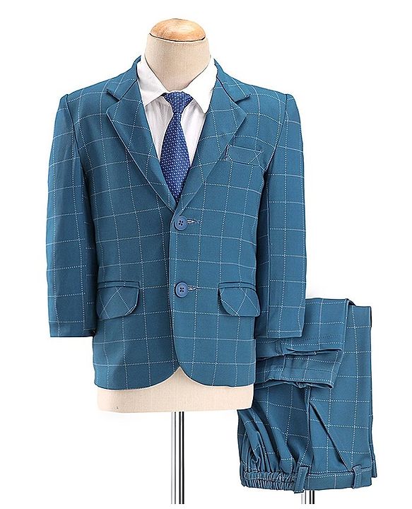 Babyhug Full Sleeves Stretch Party Suit Checkered - White & Royal Blue