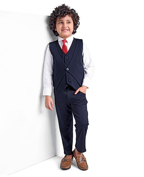 Babyhug Full Sleeves Solid Colour 3 Pieces Party Suit with Stretch - White & Navy Blue