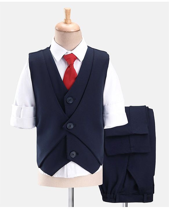 Babyhug Full Sleeves Solid Colour 3 Pieces Party Suit with Stretch - White & Navy Blue
