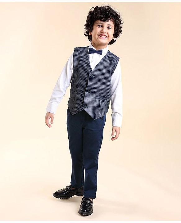 Babyhug  Full Sleeves Stretch Party Suit  with Bow - White & Royal Blue