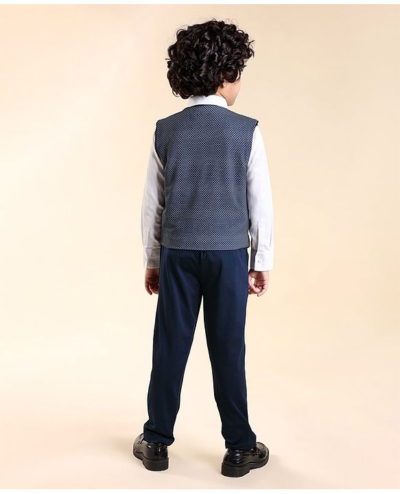 Babyhug  Full Sleeves Stretch Party Suit  with Bow - White & Royal Blue