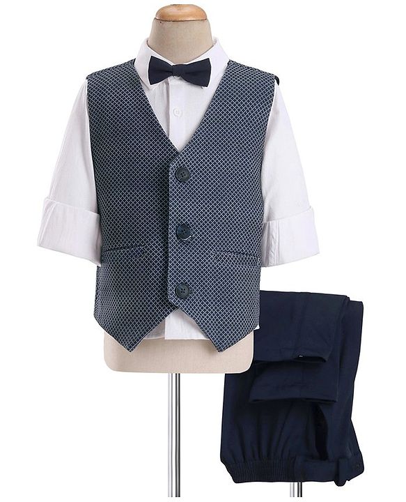Babyhug  Full Sleeves Stretch Party Suit  with Bow - White & Royal Blue