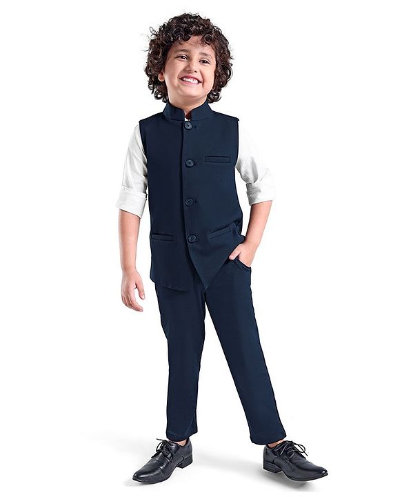 Babyhug Woven Full Sleeves Stretch Fit Party Suit With Waist Coat - Navy Blue