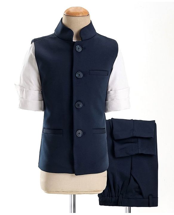 Babyhug Woven Full Sleeves Stretch Fit Party Suit With Waist Coat - Navy Blue